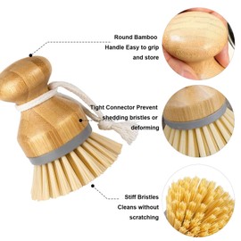 RADESCOO Bamboo Palm Brush, Natural Dish Scrub Brush with Stiff Bristles - Scrub Brush for Dishes, Cast Iron Pots, Pans, Kitchen Sink and Vegetable,Pack of 2