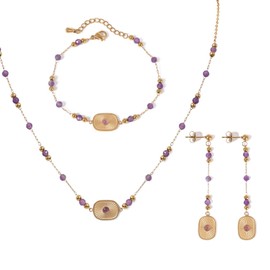 TaYolnFaSo Natural Amethyst Jewelry Set for Women Stainless Steel Sun Disk Amethyst Necklace Earrings Bracelet Set Amethyst Beads Jewelry for Sisters Friends