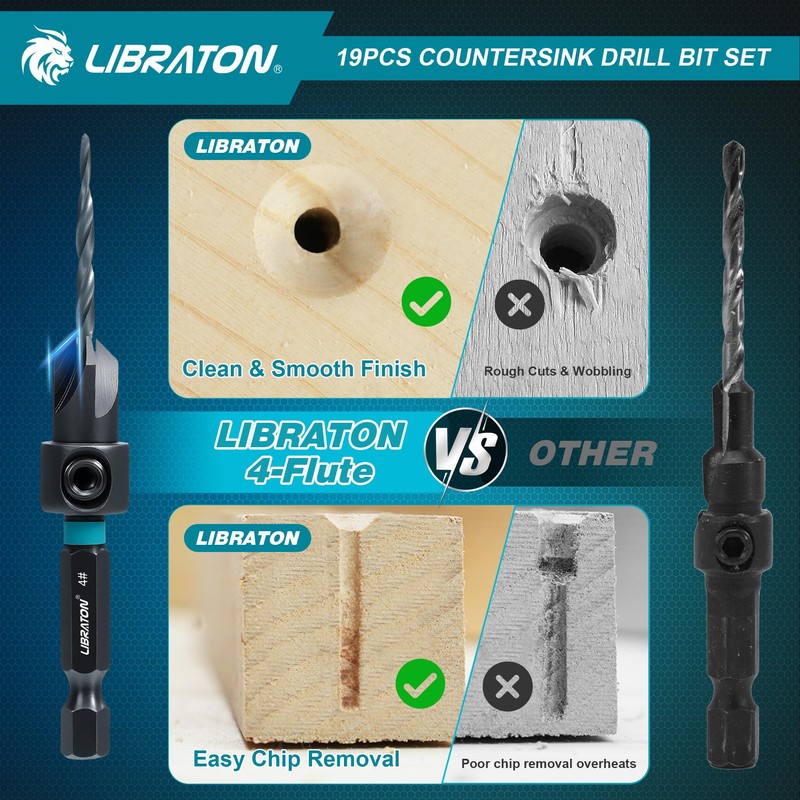 Libraton Countersink Drill Bit Set, 19 PCS Tapered Drill Bits