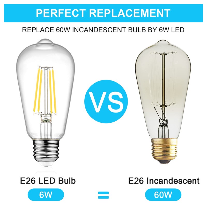 Ascher Vintage LED Edison Bulbs, 6W, Equivalent 60W, Non-Dimmable, High