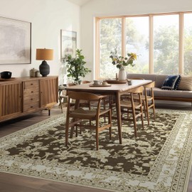 Brown Floral Print Area Rugs for Bedroom Living Room Boho Farmhouse Country Rustic Dining Room Carpet Soft Washable Rugs Non Slip Floor Covering for Nursery Playroom 5x7