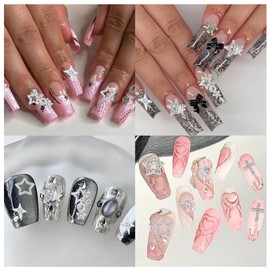 NICENEEDED 120 Pcs Star Nail Charms Rhinestones Gems, Silver 3D Star Nail Art Decorations, Shiny Nail Jewelry for Women DlY Crafts Supplies