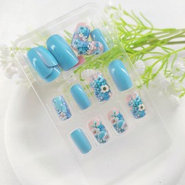 Blue Press on Nails Square Medium Glue on Nails Blue Floral Designs Acrylic Fake Nails Medium Square Nails Press ons Cute Summer False Nails Glossy Artificial Stick on Nails for Women and Girls 24Pcs
