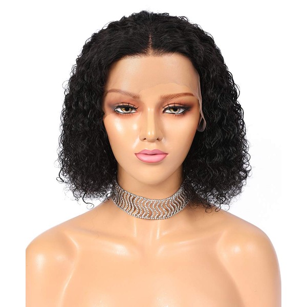 SeraphicWig Black Human Hair Bob Wigs for Women 33x1x4T Part Curly Lace Front Wigs Middle Part Brazilian Remy Hair 150% Density 8 Inch