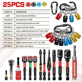 Geinxurn 25Pcs Bit Holder Key Chain, 1/4" Hex Shank One Handed Quick Change& Release Extension Bit Organizer with Screwdriver Bits, Drill Extension & Step Drill, Sockets Adapter, Nut Driver for DIY