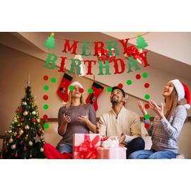 Merry Birthday Banner, Red & Green Glittery Christmas Birthday Banner Christmas Happy Birthday Banner for Christmas Birthday Party Decorations, Christmas Holiday Party Decorations, Xmas Birthday Decor