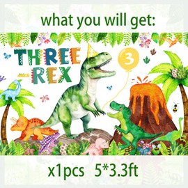 Three Rex Birthday Party Decorations Boy Dinosaur 3rd Birthday Party Banner Backdrop Jungle Leaves T-rex Dino Bday Photography Background 3 Rex Dinosaur Party Supplies Decorations (Green Dino 3rd)