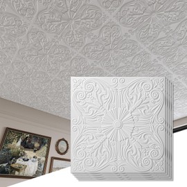 Art3d Decorative Ceiling Tile 2x2 Glue up, Lay in Ceiling Tile 24x24 Pack of 12pcs Spanish Floral in Matt White