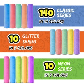 160 Pcs Jumbo Sidewalk Chalk for Kids - Bulk Set with 140 Classic, 10 Glitter, and 10 Neon Washable Chalks - Non-toxic Paint Outdoor Chalk for Kids and Toddlers - Big Bucket Chalk for Party