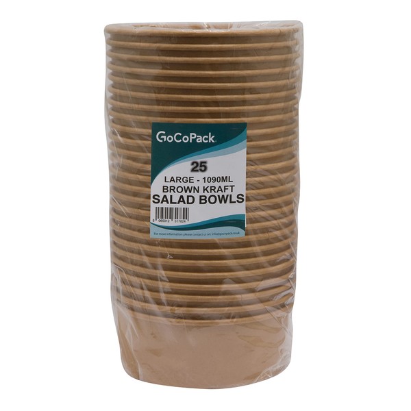 Kraft Salad Bowls: Pack of 25 Brown-Kraft Paper Salad Bowls - Perfect for Hot Food and for Salads - Available in A Range of Sizes and with Option to Buy Lids (Bowl - Large - 1090ml)