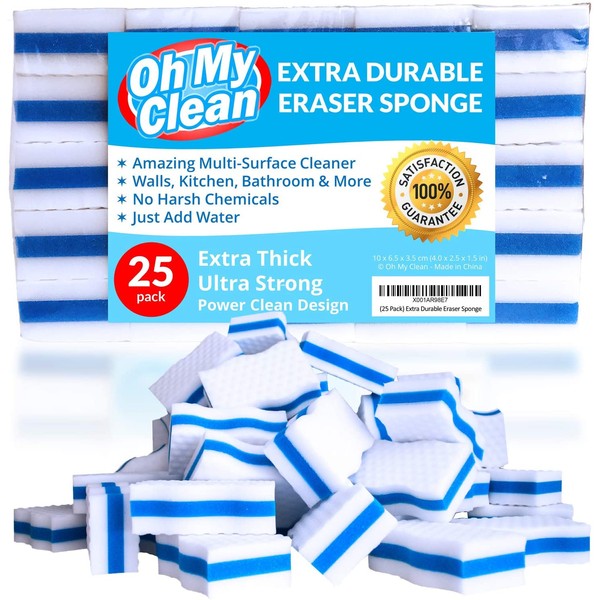 (25 Pack) Extra Durable Eraser Sponge - Extra Thick, Long Lasting, Premium Melamine Sponges in Bulk - Multi-Purpose Power Scrubber - Bathroom, Kitchen, Floor, Bathtub, Toilet, Baseboard, Wall Cleaner