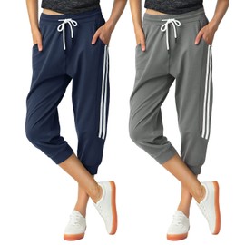 SPECIALMAGIC Women's 2 Pack Capri Pants Cropped Joggers with Pockets Capri Sweatpants Dark Grey+Navy XX-Large