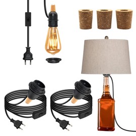 Lamp Holder for Bottles, Pack of 2 E27 Socket with Cable and Switch 240 cm, Black Bottle Adapter Lamp, Bottle Lamp Attachment with 3 Types of Corks for Different, Lampshade for Bottles