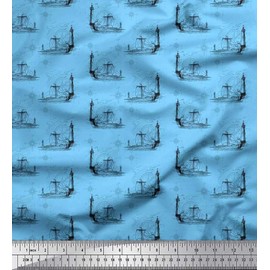 Soimoi Blue Viscose Chiffon Fabric Direction Compass,Lighthouse & Yacht Nautical Print Sewing Fabric BTY 42 Inch Wide