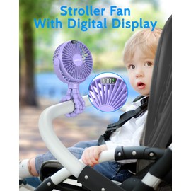 SWEETFULL Portable Stroller Fan, with Display 4000mAh Battery Powered Mini Clip On Fan, 4-Speed Rechargeable Small Personal Fan Handheld Desk Cooling Fan for Baby Car Seat Crib Travel Purple