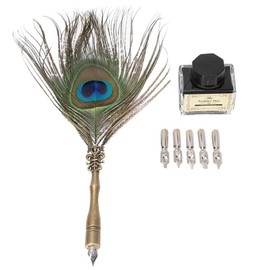Vikye Peacock Feather Dip Pen with Writing Ink Retro Calligraphy Pen Hand Dipped Ink Nib with 5 Points for Gift or Use