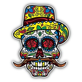 Zirni Hipster Sugar Mustache Skull Day of The Dead Sticker Decal Design 4'' X 5''