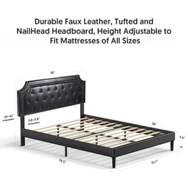 BONSOIR Bed Frame Upholstered Low Profile Platform Bed with Tufted Faux Leather Headboard/No Box Spring Needed/No Bed Skirt Needed (Black, Full Size)