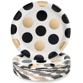PARTY GO Party Tableware 50 Pieces, Polka Black Gold Paper Plates Children's Birthday Party Tableware Set 23 cm Paper Plates, Paper Tableware for 50 Guests for Birthday Decoration Boys Girls Parties