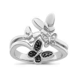 Sterling Silver Rhod Plated White & Black Diamond Butterfly Ring - Night Diamonds