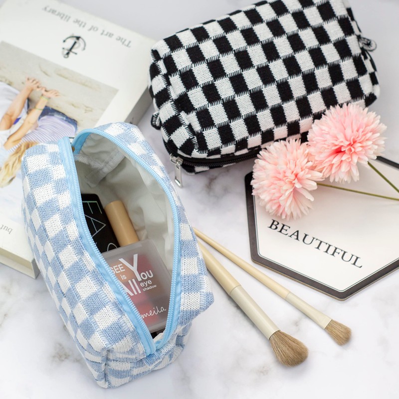 PAZIMIIK Checkered Makeup Bag for Purse Portable Zipper Make Up