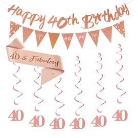 Happy 40th Birthday Party Supplies For Women Girls,Rose Gold Happy 40th Birthday Banner bunting,Triangle Banner Flag Sash Hanging Swirls Streamers For Women Birthday Party Decoration (40th)