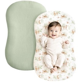 Konssy Muslin Baby Lounger Cover 2 Pack, 100% Cotton Newborn Lounger, Soft and Breathable for Boys & Girls (Woodland, Sage)