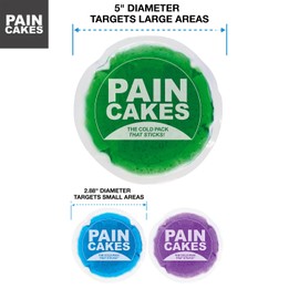 PAINCAKES Reusable, Sticks to Body, 5" Large Green with Mini 2 Pack of Purple and Blue, Small Ice Packs, Perfect for Injuries, and Small Areas, Latex-Free Cold Compress