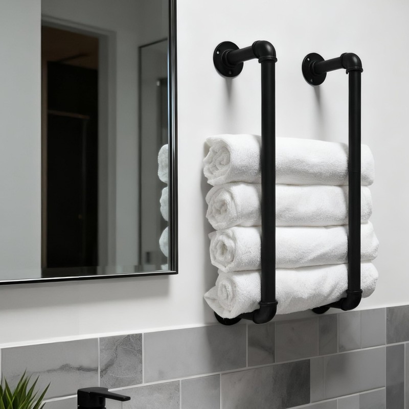 Industrial Pipe Towel Rack for Bathroom Wall Mounted,Towel Holder Black