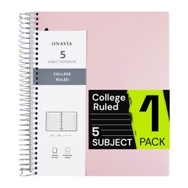 ONAVIA Spiral Notebook for School, 5 Subject, College Ruled Paper, 200 Sheets, 9" x 11", 5 Dividers with Pockets, 3 Hole Punched Perforated, Plastic Cover, Lined Journal, School Supplies, Light Pink
