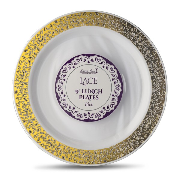 [10 Count - 9 Inch Plates] Laura Stein Designer Tableware Premium Heavyweight Plastic White Luncheon Plates With Gold Border, Party & Wedding Plate, Lace Series, Disposable Dishes