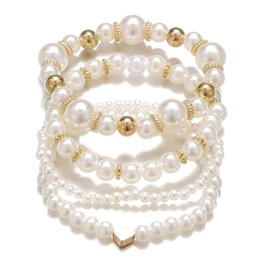 Layered Pearl Stretch Bracelets Set for Women Daisy Flower Heart Star Simulated Pearl Stackable Elastic Bracelets Chunky Beaded Ball Adjustable Multilayer Bangles Wedding Jewelry Gift -Style 1
