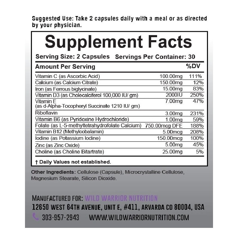 Wild Warrior Nutrition Methylated Prenatal Vitamin with Methylfolate, Methylcobalami