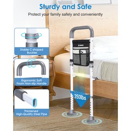 BPREINECO Bed Rails for Elderly Adults Safety, Reinforced Bed Handle Bedside Assist with Motion Sensor Light & Storage Pocket, Adjustable Bedrail Grab Bar Handrails, Stable Bed Can for Seniors, Gray