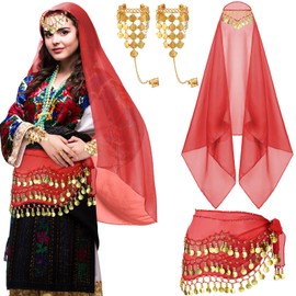 Eurzom 4 Pcs Gypsy Costume Women Belly Dance Outfit Gypsy Accessories Gypsy Head Scarf with Coins Hip Scarf Bracelet(Red)