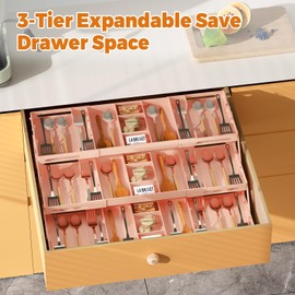 Lucasden 3 Tier Drawer Organizer - Expandable Junk Drawer Organizer Smart Office Supply Organizer, Folding Storage Multi-level Desk Organizer for Makeup,Jewelry,Kitchen Storage (1 Row 3 Tier, Pink)