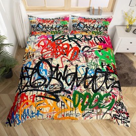 Manfei Graffiti Duvet Cover Set Street Art Hip Hop Bedding Set 3pcs for Kids Boys Girls Modern Fashion Design Comforter Cover Microfiber Bedspread Cover with 2 Pillow Cases(No Comforter) Full Size