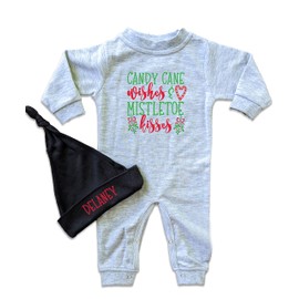 Candy Cane Wishes Mistletoe Kisses, Baby's First Christmas Outfit Romper, Matching Family Pajamas (6 to 12 months, gray)