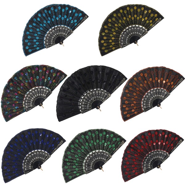 BABEYOND 8pcs Vintage Folding Hand Fan Embroidered Sequins Handheld Folding Fan Fabric Folding Fan for Wedding Dancing Party (Color Random Selected with Embroidered Sequins)