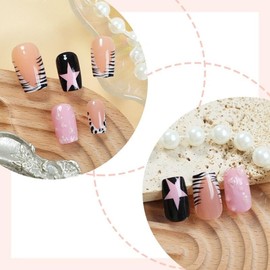 Short Press on Nails Square Fake Nails French Tip False Nails Pink Star Acrylic Nails with Cow Pattern Design Glue on Nails Glossy Full Cover Stick on Nails for Women Manicure 24Pcs