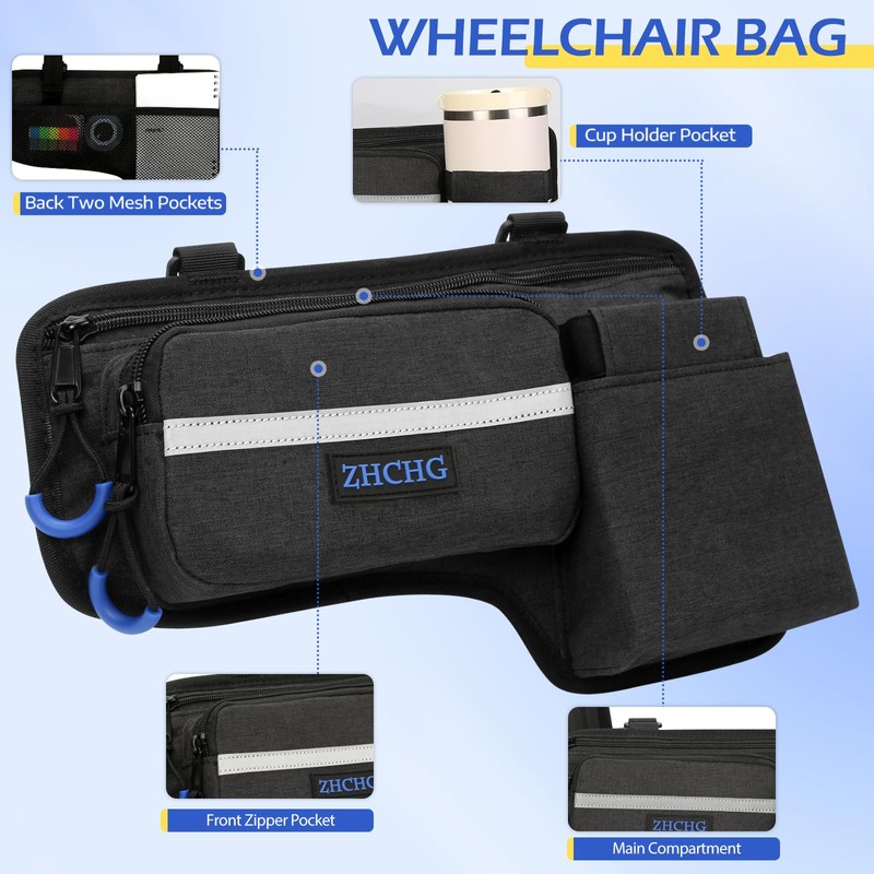 ZHCHG Upgraded Wheelchair Side Bag with Cup Holder, Wheelchair Armrest