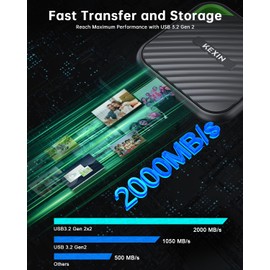 KEXIN Extreme Portable SSD 512GB, Portable SSD 512GB, USB 3.2 Gen.2, 2000MB/s Read, 1800MB/s Write, USB C Robust Hard Drive for Mac, PC and Smartphone, Black