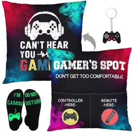 Bebomne Gamer Gifts for Teenage Boys Men, Gaming Accessories for Room, for Gamers, Game Room Decor, Gaming Pillow Case and Socks Video Game Gifts Set for Teen Boys Men Son Husband 18" x 18"