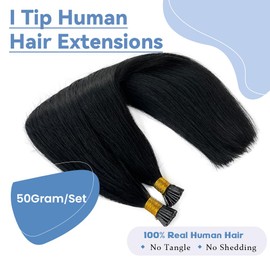#1 Black I Tip Hair Extensions Human Hair 14 Inch Keratin Tip Hair Extensions Jet Black Real Human Hair Silky Straight Pre Bonded I Tip Extensions for Women 50G 100Strands Microlink Hair Piece
