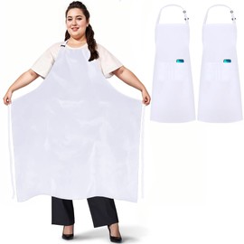2 Pack Plus Size Apron, Adjustable Large Aprons with 3 Pockets, Big Size Kitchen Cooking Apron for Men Women, Catering Work Apron for Restaurant, Grilling, Shop, Bistro, Bar, Café, Garden (White)