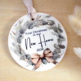 First Christmas In Our New Home 2024 Hanging Decoration. Grrenery Eucalyptus Wreath Homebuyer, Homeowner, Closing Gift. White Ceramic Ornament. Xmas Tree Keepsake Bauble