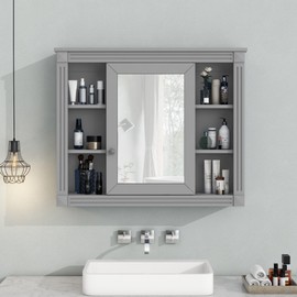 LUMISOL Wall Mounted Bathroom Storage Cabinet with Mirror Doors and 6 Open Shelves, Mdicine Cabinet, Modern Bathroom Wall Cabinet with Mirror for Bathroom, Grey