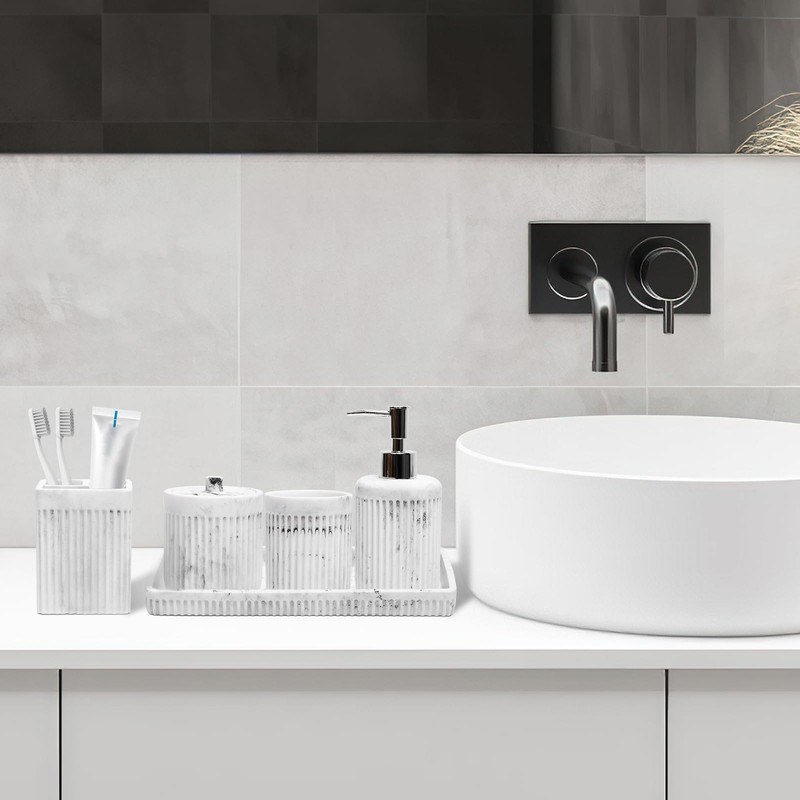 Resin White Marble Bathroom Accessories Set 5 Pcs, Lotion Soap