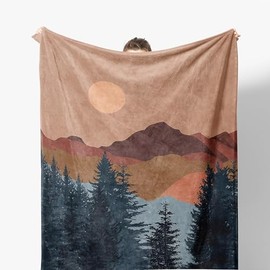 Kemingni Abstract Boho Throw Blanket, Mid Century Modern Boho Sun Mountain Forest Nature Landscape Blanket for Couch Sofa Bedroom Living Room, 50x60 Inches