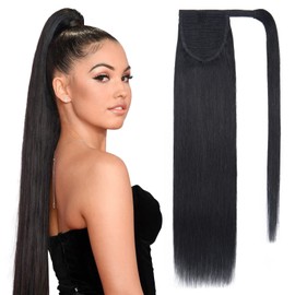 TESS Ponytail Hairpiece Real Hair 40 cm 80 g Long Straight Wrapped Ponytail Extension Real Hair Wrap Around for Women (40 cm - #1B Natural Black)